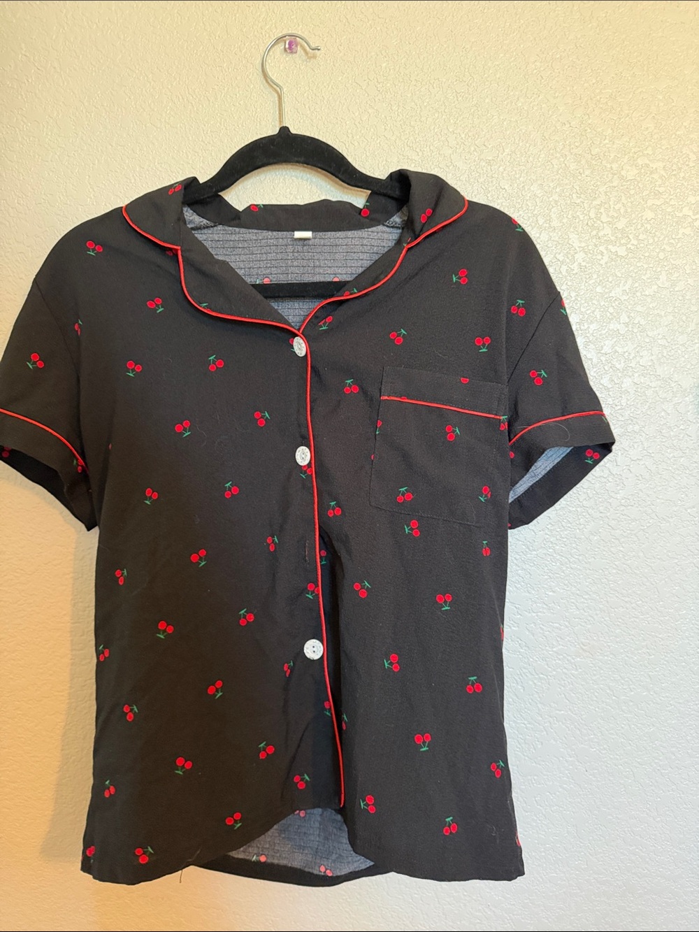 SHEIN Black Short-Sleeve Cherry Print Pajama Top with Red Trim